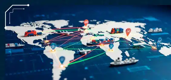 Mapa logística global com navios e caminhões.