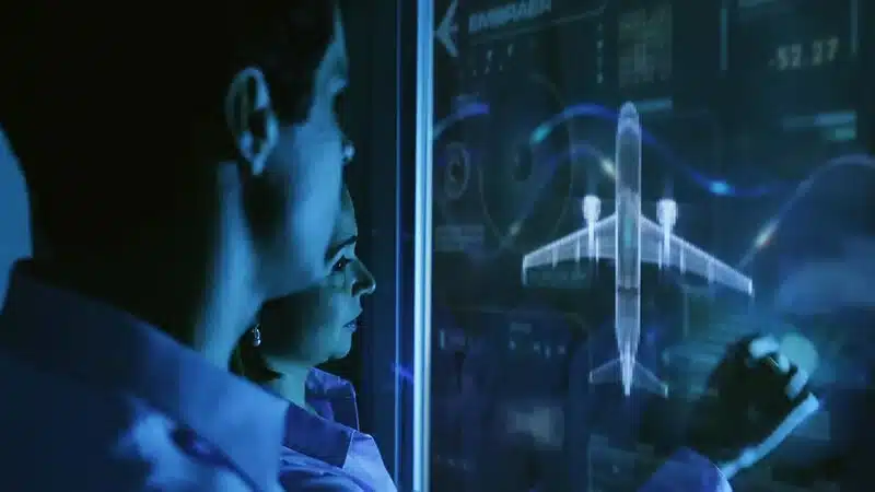 Pessoas analisando holograma digital de avião.