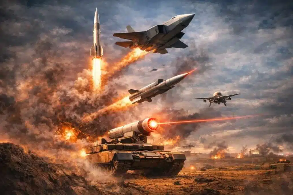 Tanque e mísseis em batalha explosiva.