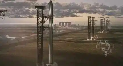 Foguete em plataforma de lançamento ao amanhecer.