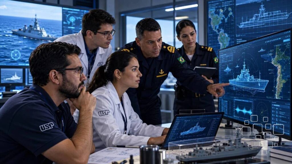 Equipe analisando projeto naval em monitores grandes.