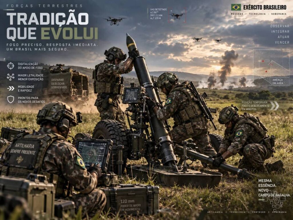 Soldados brasileiros operam artilharia em campo aberto.