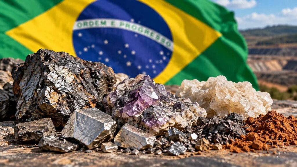 Minérios e bandeira do Brasil ao fundo.