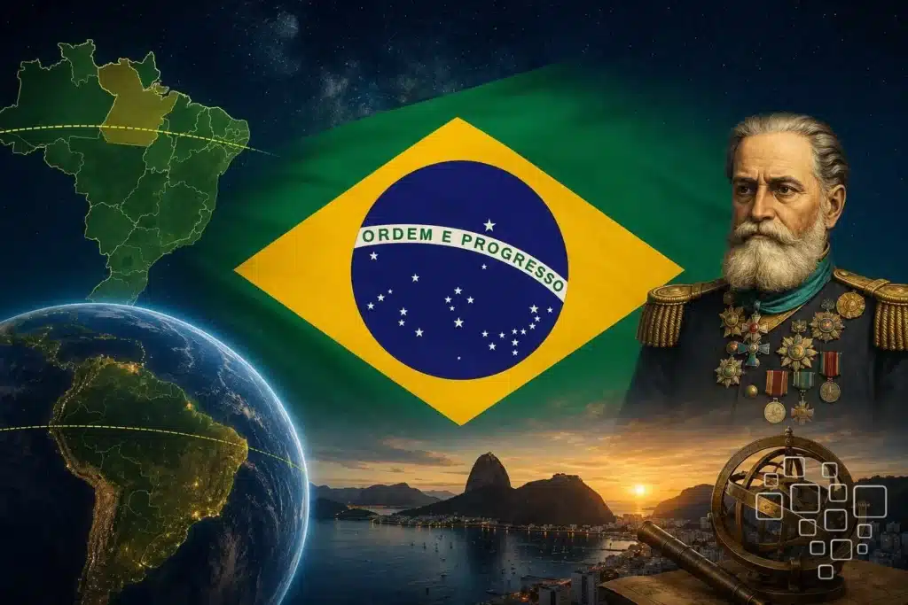 Bandeira do Brasil, mapa e Rio de Janeiro ao fundo.