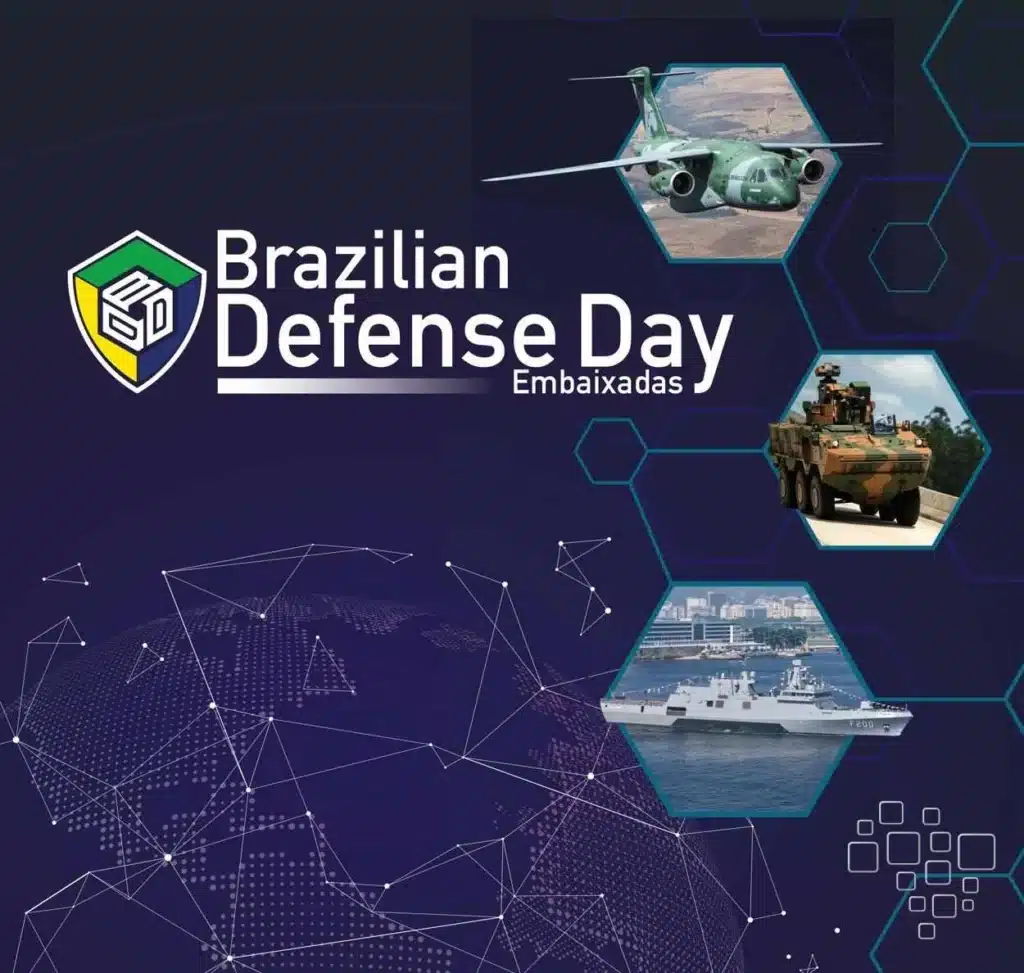 Evento Brazilian Defense Day com imagens militares.